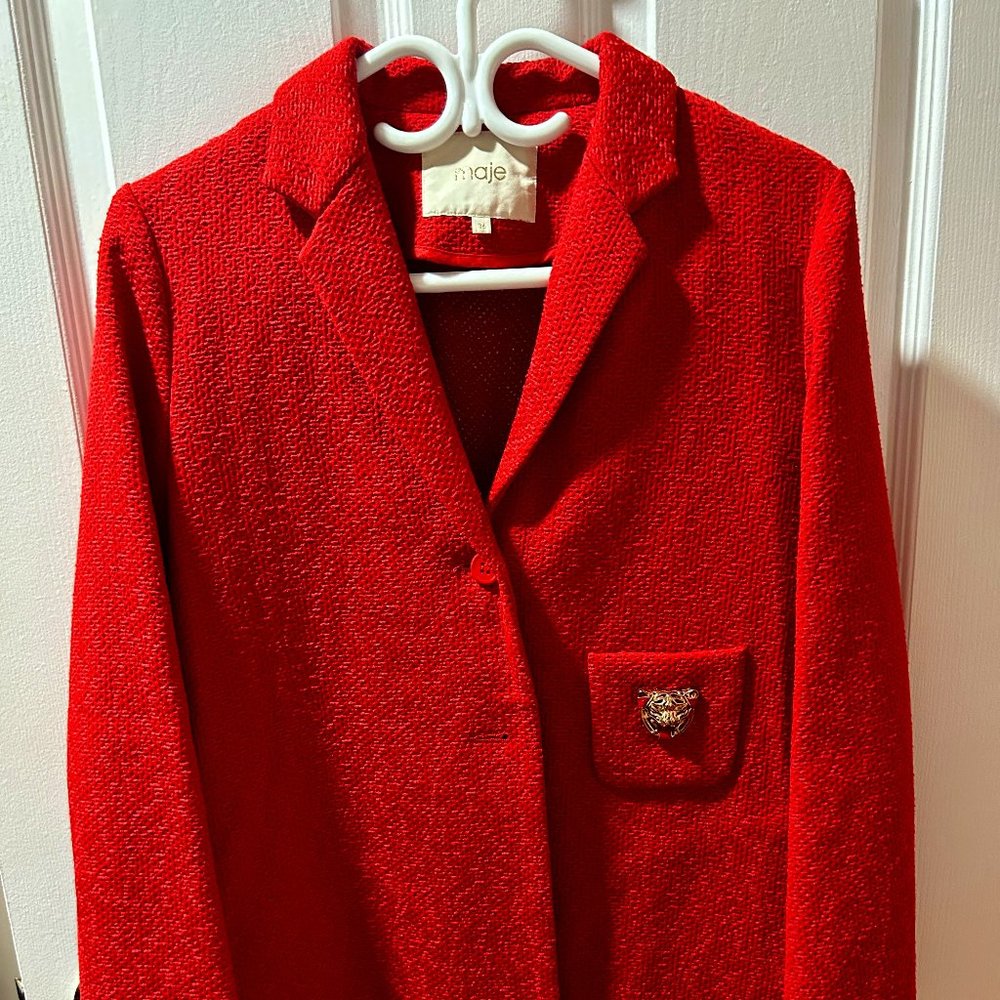 Maje Red Textured Wool Blend Blazer with Tiger-Embellished Pocket
